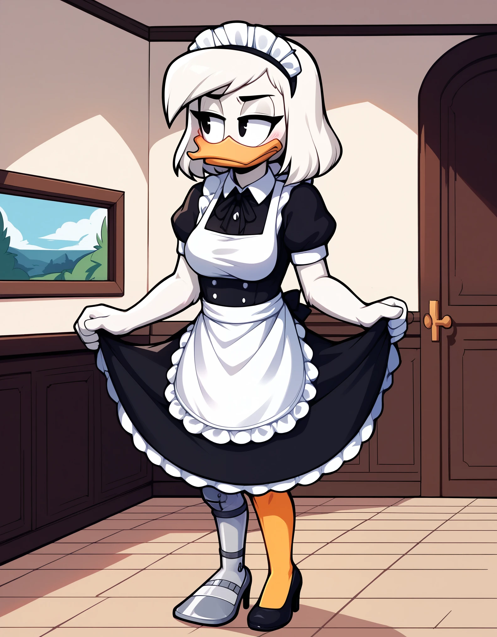 score_9, score_8_up, score_7_up, score_6_up, best quality, highres, source_furry, BREAK
 drocll BREAK
1girl, mansion, inside, standing, solo, furry, duck, della duck, beak, white skin, white body, white hair, shoulder length hair, black eyes, orange legs (brass leg, prosthetic leg), heels, mouth closed, frown, half-closed eyes, blush, looking aside, breasts, maid uniform, maid headdress, maid apron, pantyhose, leggings 