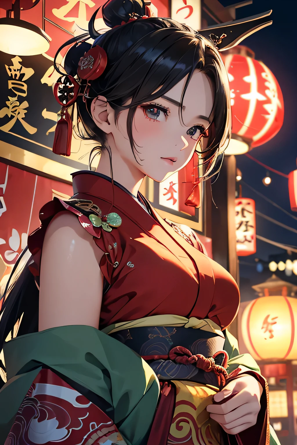 Highest quality、High resolution、Detailed Background、(Beautiful face in every detail:1.4)、Anatomically correct、Normal number of fingers、Detailed facial expressions、(Detailed eyes:1.2)、Teenage beauty、(Huge breasts:1.2)、Light color hair、Braided Ponytail、Braided bob cut、Bun Hair、cute gesture、night、Nebuta Festival、smile、

(Beautiful girl in yukata enjoying the Nebuta Festival:1.5)、

Nebuta Festivalのnight、Streets lit by lanterns、people々Wearing yukata or happi coat、Bustling with excitement、The sounds of drums and flutes echoed throughout the place.、The Nebuta festival music envelops the entire town、A giant Nebuta float slowly advances、Nebuta are huge floats made from Japanese paper and bamboo.、

Brave warriors and beautiful goddesses、Depicts mythical creatures、Lanterns are hung on top of the Nebuta and candles are lit inside.、It moves forward while emitting a fantastic light.、

Dancers called Haneto parade around the Nebuta、Haneto dance with powerful leaps to the accompaniment of Nebuta music.、people々In tune with the calls of the dancers,「Russell、Russell」exclaimed、people々Filled with excitement and dynamism、An unforgettable festival、

Cool colors such as blue and green、Yukata with Nebuta motifs、Bright colors such as red and yellow、
Belts with gold or silver threads、The obijime (sash fastener) is colored to match the obi color.、Matching the atmosphere of Nebuta Festival、Hairpins and flower decorations、Small items such as fans and drawstring bags、cute