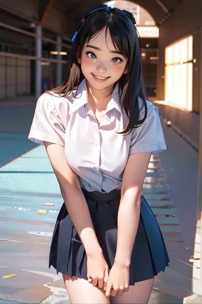 (Hires), (1girl), (18yo), (adult body), (adult body ratio), (cute school girl), (smiling gently), (wind blowing skirt), (looking at the viewer), (wide breast gap), (flat tiny busts), (blushed face), (detailed skin), (bodyhair:0.5), (black eyeliners), mathayom uniform, white shirt short sleeves, black pleated long skirt