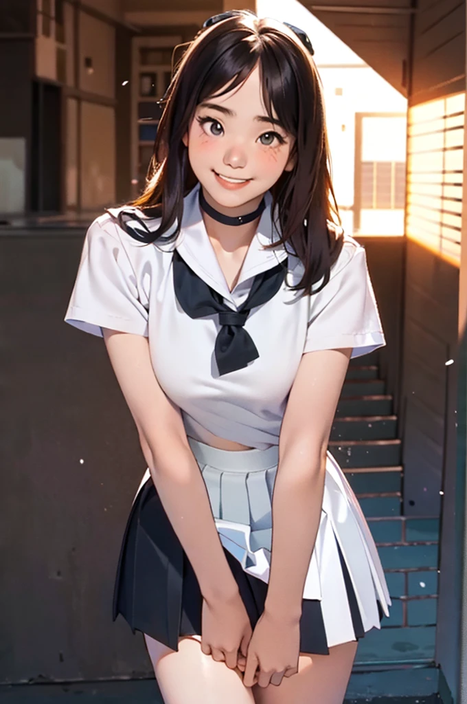 (Hires), (1girl), (18yo), (adult body), (adult body ratio), (cute school girl), (smiling gently), (wind blowing skirt), (looking at the viewer), (wide breast gap), (flat tiny busts), (blushed face), (detailed skin), (bodyhair:0.5), (black eyeliners), mathayom uniform, white shirt short sleeves, black pleated long skirt