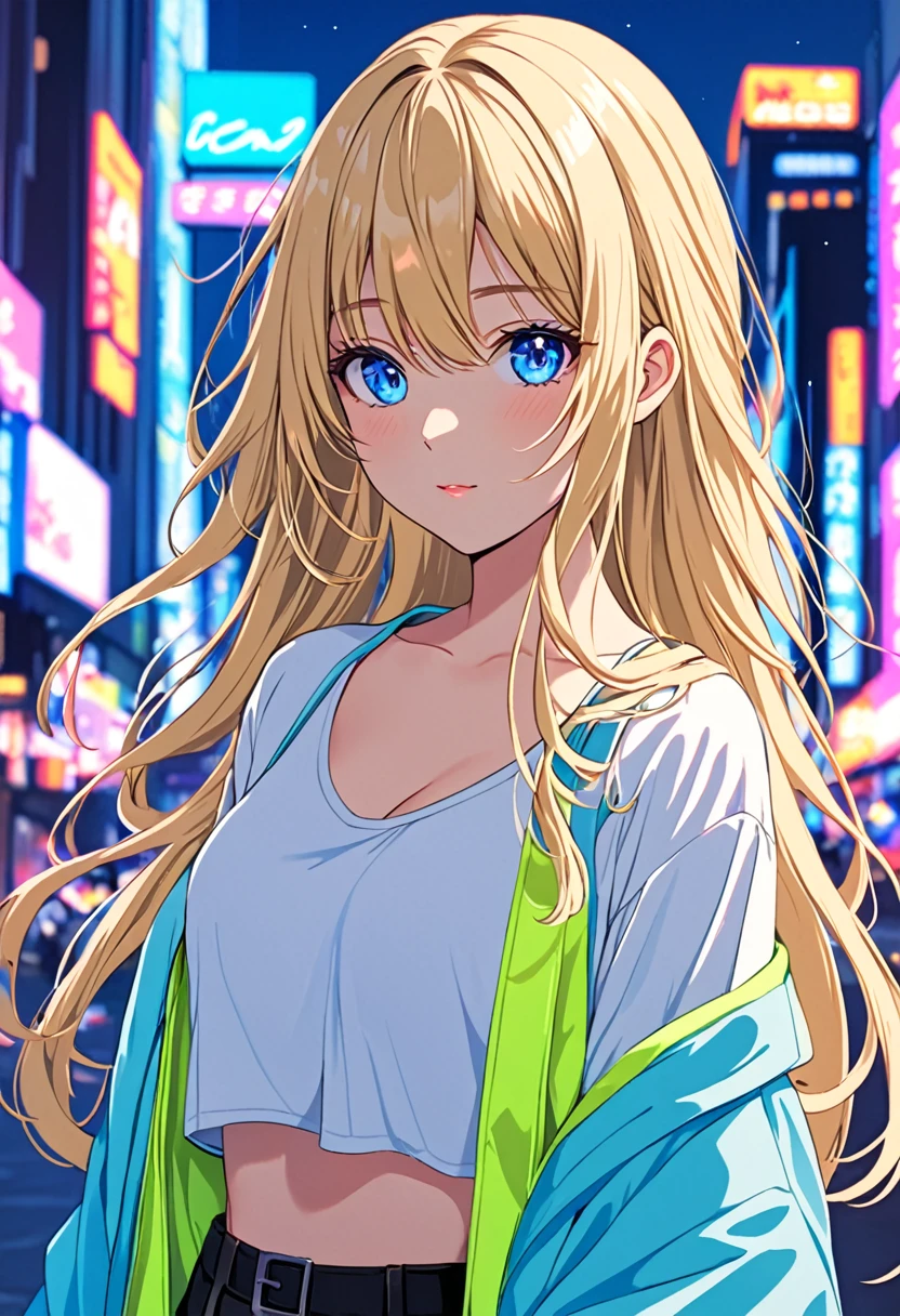 Anime young woman, blonde hair, fringe reparted in three parts, long and waivy hair, light and bright blue eyes, simple and cute clothes, volumous chest, neon city background.
