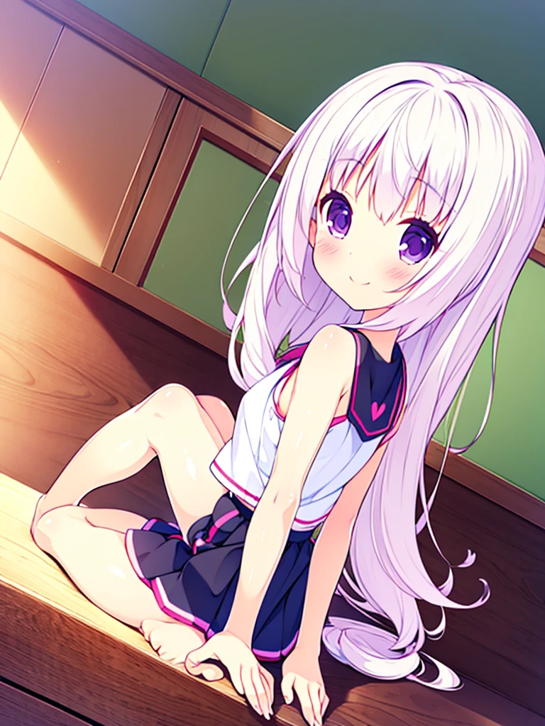 , 8 years old, A cup breas hair, long hair, purple eyes, smiling face(one person) Pink sleeveless top Black mini skirt and white panties((I can see her panties)) Barefoot Girls Room Sitting on the floor Dynamic angle Low angle nekomimi