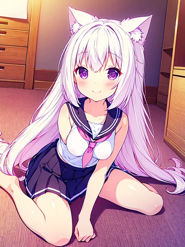 (( close、16k、highest quality、Attention to detail、Rich skin detail, nsfw、Loli)),(((((Brown Skin)))))、(Muscular)、 (Beautiful Eyes), ((Huge breasts、Swollen nipples、Raise your hand、Both armpits、Spreading her legs、Crouching))、 ((School Uniform、Pink Striped Panties、White Shirt、Pink Ribbon、White knee socks、blue hirt lift、Skirt Lift))))、(Blue Eyes)、((White Hair、Blunt Bangs、long hair、Straight Hair、Ahoge)),  ((blush))、(Wide Hips、Thick thighs)、((((Embarrassing))))、((In town))