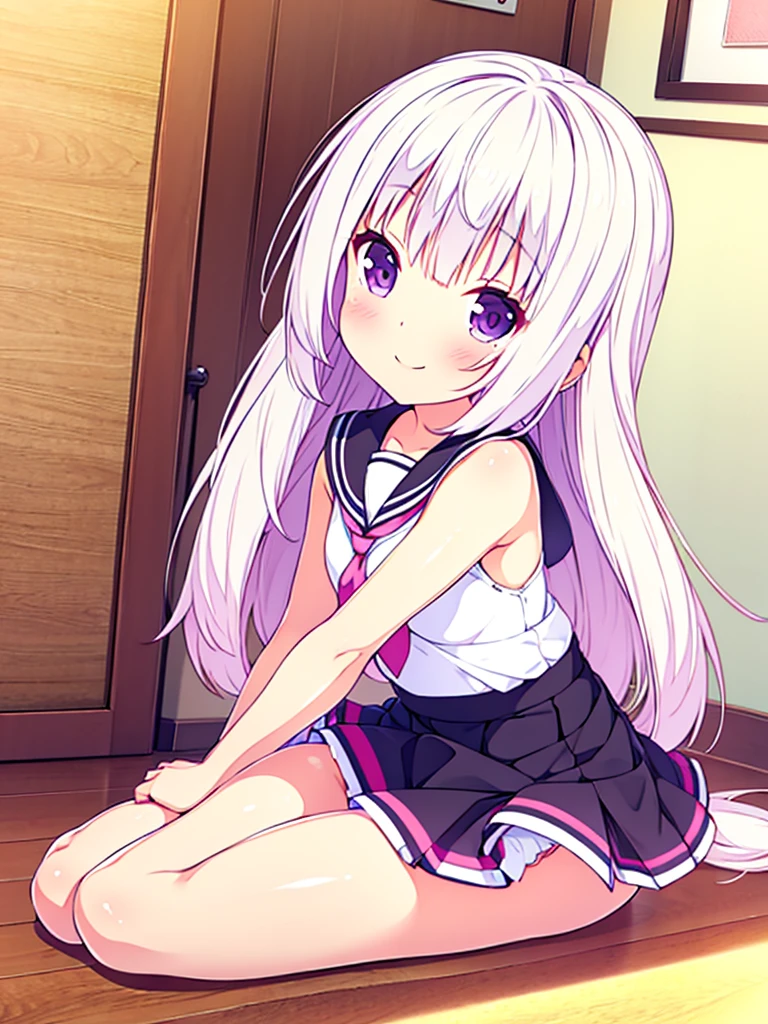 Elementary school girl, 8 years old, A cup breasts, white hair, long hair, purple eyes, smiling face(one person) Pink sleeveless top Black mini skirt and white panties((I can see her panties)) Barefoot Girls Room Sitting on the floor Dynamic angle Low angle nekomimi