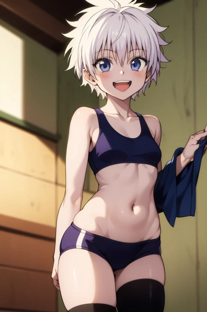 masterpiece, best quality, high quality, 1girl, solo, ,open mouth,tongue, looking at viewer, , killua_zoldyck, sports bra,bike shorts,small ,cowboy shot,sliver hair,(trembling:1.3),smile