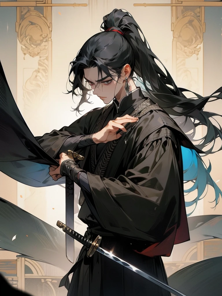 The 24-year-old man wears a wide black robe，Long black messy hair，Sword-eyed stars，The eyes were cold, as if there was a sword light flowing out，Holding a wooden sword in his hand