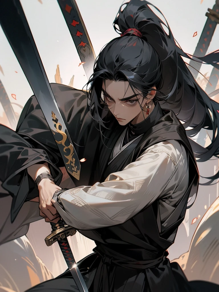 A man, long black hair tied into a ponytail, dark eyes, fair skin, thin body, ancient style clothing, black clothes, mask, long sword, assassin