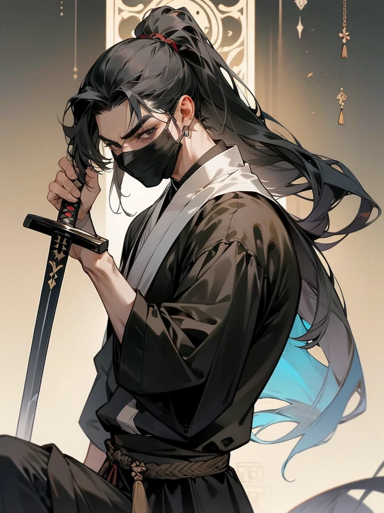 A man, long black hair tied into a ponytail, dark eyes, fair skin, thin body, ancient style clothing, black clothes, mask, long sword, assassin