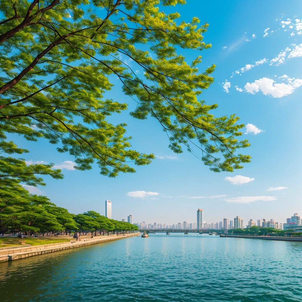 A picture of Han River Seoul with high building Blue sky anime like . Beautify tree .Modern feels