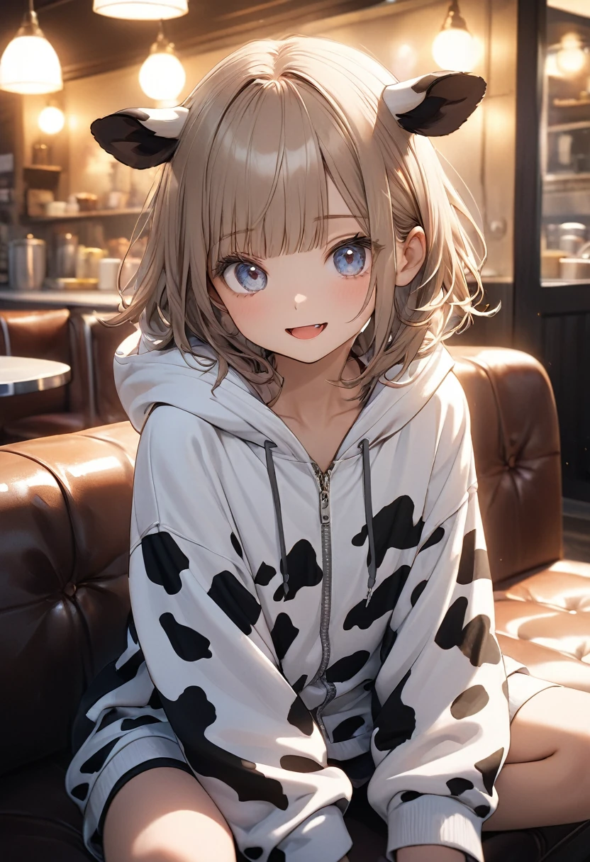 ((Masterpiece)), ((best quality)), (Anime:1.4), (super detail:1.2), (High Definition:1.3), (Professional Photography:1.3), (wide shot), (sharp focus), (perfect light), (()), 1girl, ((wearing Ripped oversized cute hoodie)), fluffy shorts, cinematic lighting, Textured skin, messy hair, (loose blunt bangs), teenage girl, (Healthy slim body), small breasts, cute eyes, ((naughty face)), (open mouth), (put on cow ears), pale brown hair, Cute Beautiful girl, Thin accessories, ((slightly undressing hoodie)), (Unzipping hoodie), exposed bare neck, (unzip hoodie and takes it off), Sitting by the diner window, indoor, (on the diner),