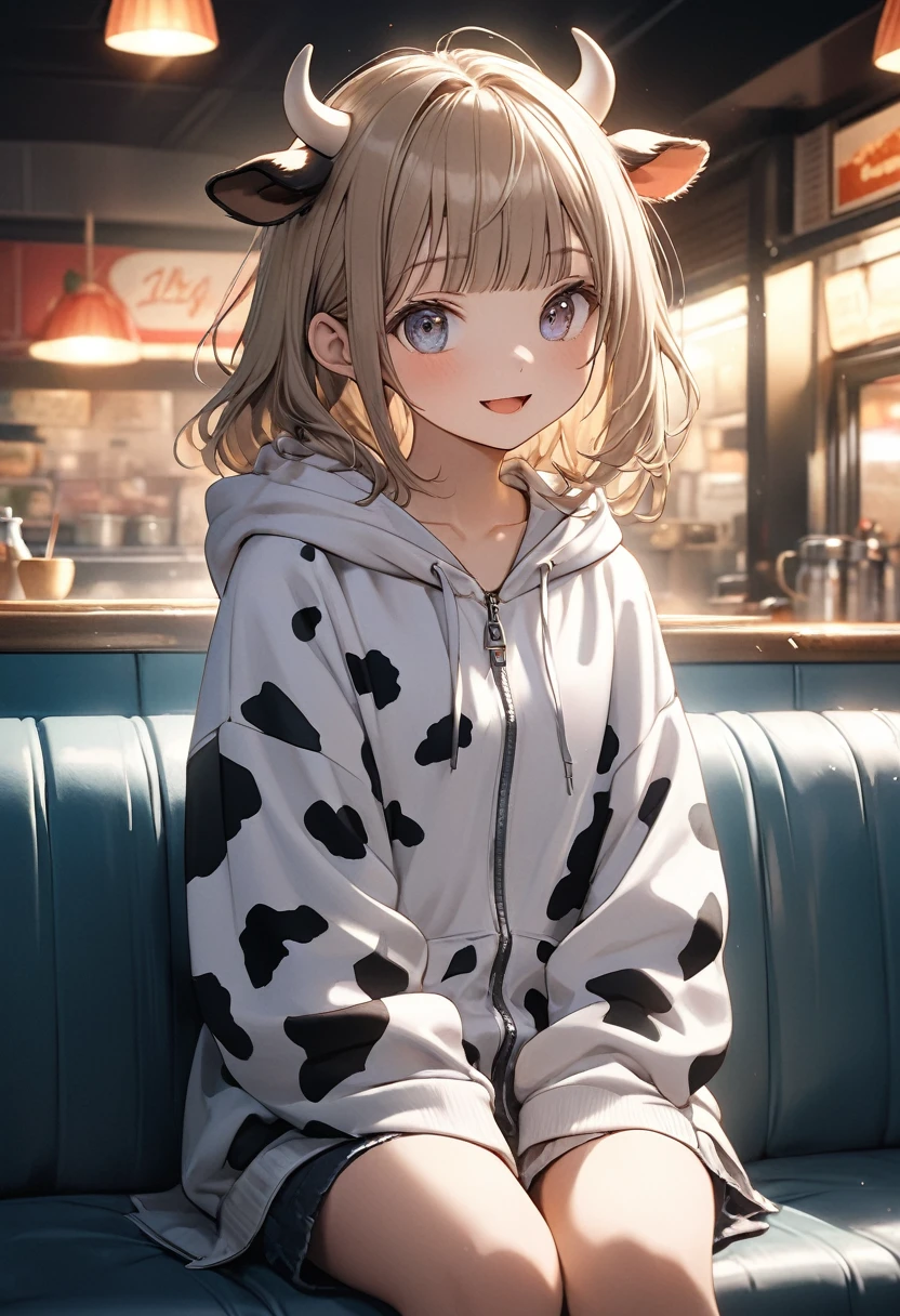 ((Masterpiece)), ((best quality)), ((kawaii)), ((extremely detailed)), (Anime:1.2), (8K), (High Definition:1.3), (Professional Photography:1.2), cinematic lighting, (very aesthetic:1.2), (absurdres:1.2), (sharp focus), (perfect light), (wide shot), ((12 years old)), 1girl, ((wearing Cow-patterned oversized hoodie)), fluffy shorts, cinematic lighting, Textured skin, messy hair, (loose blunt bangs), teenage girl, (Healthy slim body), (slightly exposed small breasts), cute eyes, ((naughty face)), (open mouth), (put on cow ears), pale brown hair, Cute Beautiful girl, Thin accessories, ((slightly undressing hoodie)), (Unzipping hoodie), exposed bare neck, unzip hoodie and takes it off, (loose sitting on the diner couch),