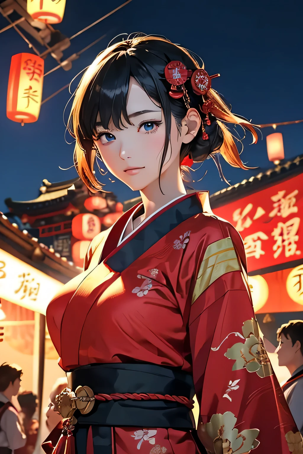 Highest quality、High resolution、Detailed Background、(Beautiful face in every detail:1.4)、Anatomically correct、Normal number of fingers、Detailed facial expressions、(Detailed eyes:1.2)、Teenage beauty、(Huge breasts:1.2)、Light color hair、Braided Ponytail、Braided bob cut、Bun Hair、cute gesture、night、Nebuta Festival、smile、

(Beautiful girl in yukata enjoying the Nebuta Festival:1.5)、

Nebuta Festivalのnight、Streets lit by lanterns、people々Wearing yukata or happi coat、Bustling with excitement、The sounds of drums and flutes echoed throughout the place.、The Nebuta festival music envelops the entire town、A giant Nebuta float slowly advances、Nebuta are huge floats made from Japanese paper and bamboo.、

Brave warriors and beautiful goddesses、Depicts mythical creatures、Lanterns are hung on top of the Nebuta and candles are lit inside.、It moves forward while emitting a fantastic light.、

Dancers called Haneto parade around the Nebuta、Haneto dance with powerful leaps to the accompaniment of Nebuta music.、people々In tune with the calls of the dancers,「Russell、Russell」exclaimed、people々Filled with excitement and dynamism、An unforgettable festival、

Cool colors such as blue and green、Yukata with Nebuta motifs、Bright colors such as red and yellow、
Belts with gold or silver threads、The obijime (sash fastener) is colored to match the obi color.、Matching the atmosphere of Nebuta Festival、Hairpins and flower decorations、Small items such as fans and drawstring bags、cute