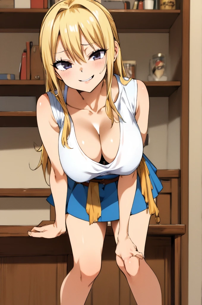 masterpiece, best quality, highres, lucy heartfilia, blonde hair, long hair, large breasts, white shirt, sleeveless, belt, blue skirt, cowboy shot, standing, leaning forward,