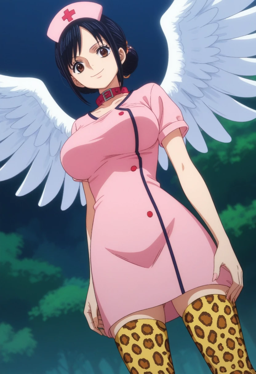 score_9, score_8_up, score_7_up, best quality, masterpiece, source_anime, anime screencap, one_piece_wano_style, clear face, 1girl, solo, black hair, short hair, White diadem on her head, brown eyes, large breasts,White wings on her back, nurse pink dress With the collar open , one-piece dress, outdoor, smile, looking at viewer, Leopard Print Thigh High Boots