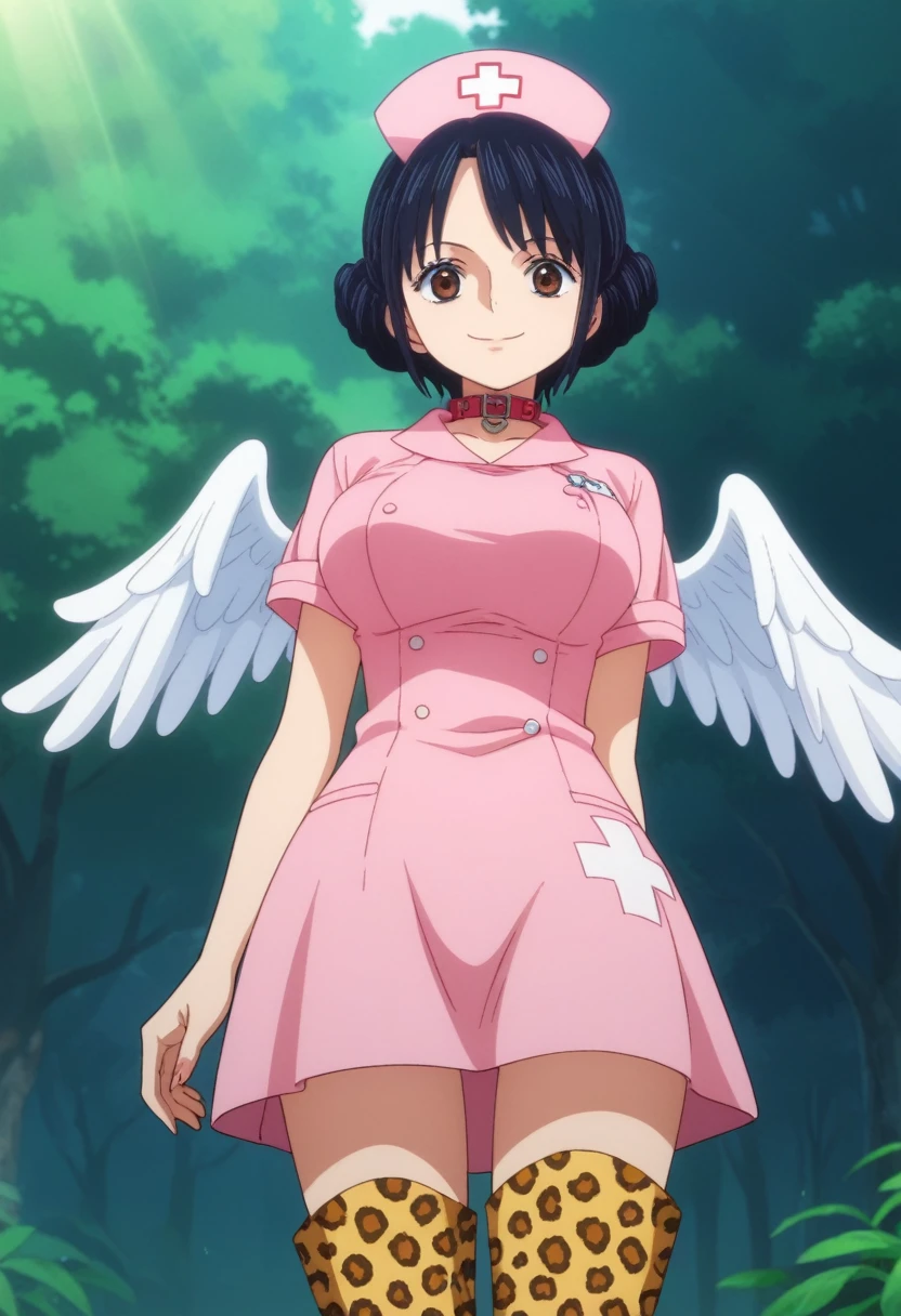 score_9, score_8_up, score_7_up, best quality, masterpiece, source_anime, anime screencap, one_piece_wano_style, clear face, 1girl, solo, black hair, middle short hair, White diadem on her head, brown eyes, large breasts,White wings on her back, nurse pink dress With the collar open , one-piece dress, outdoor, smile, looking at viewer, Leopard Print Thigh High Boots, 