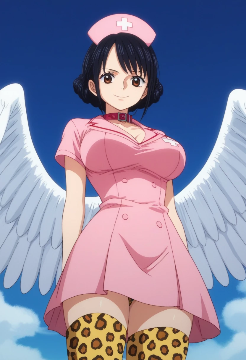 score_9, score_8_up, score_7_up, best quality, masterpiece, source_anime, anime screencap, one_piece_wano_style, clear face, 1girl, solo, black hair, middle short hair, White diadem on her head, brown eyes, large breasts,White wings on her back, nurse pink dress With the collar open , one-piece dress, outdoor, smile, looking at viewer, Leopard Print Thigh High Boots, normal angle 