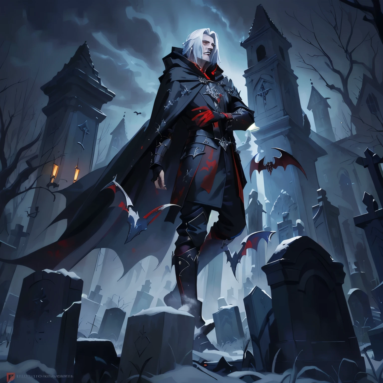 a painting of a man in a cloak and cape standing in front of a graveyard, male vampire of clan banu haqim, portrait of the old necromancer, vampire lord, portrait of the necromancer, male necromancer, portrait of a necromancer, vampire of clan lasombra