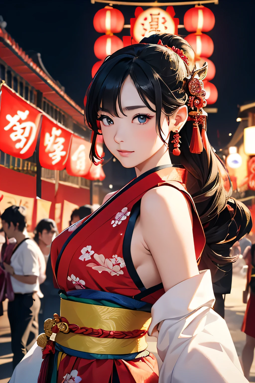 Highest quality、High resolution、Detailed Background、(Beautiful face in every detail:1.4)、Anatomically correct、Normal number of fingers、Detailed facial expressions、(Detailed eyes:1.2)、Teenage beauty、(Huge breasts:1.2)、Light color hair、Braided Ponytail、Braided bob cut、Bun Hair、cute gesture、night、Nebuta Festival、smile、
(Beautiful girl in yukata enjoying the Nebuta Festival:1.5)、
Nebuta Festivalのnight、Streets lit by lanterns、people々Wearing yukata or happi coat、Bustling with excitement、The sounds of drums and flutes echoed throughout the place.、The Nebuta festival music envelops the entire town、A giant Nebuta float slowly advances、Nebuta are huge floats made from Japanese paper and bamboo.、
Brave warriors and beautiful goddesses、Depicts mythical creatures、Lanterns are hung on top of the Nebuta and candles are lit inside.、It moves forward while emitting a fantastic light.、
Dancers called Haneto parade around the Nebuta、Haneto dance with powerful leaps to the accompaniment of Nebuta music.、people々In tune with the calls of the dancers,「Russell、Russell」exclaimed、people々Filled with excitement and dynamism、An unforgettable festival、
Cool colors such as blue and green、Yukata with Nebuta motifs、Bright colors such as red and yellow、
Belts with gold or silver threads、The obijime (sash fastener) is colored to match the obi color.、Matching the atmosphere of Nebuta Festival、Hairpins and flower decorations、Small items such as fans and drawstring bags、cute
