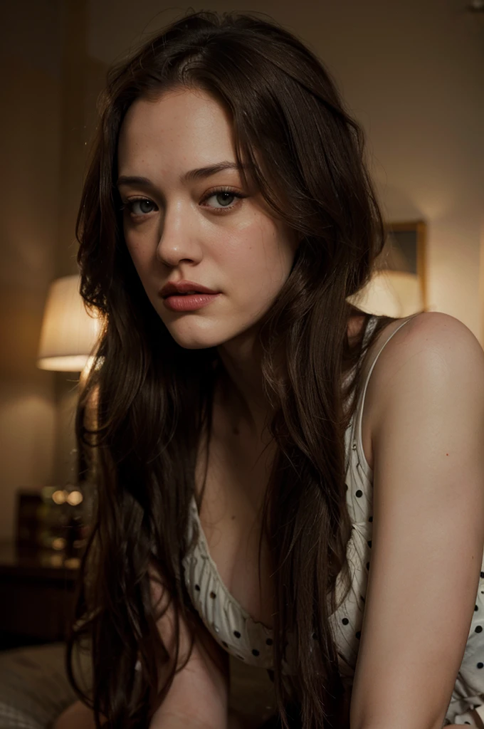 Kat Dennings with long brown hair, wearing a polka dot dress, slender figure, sad expression, detailed facial features, delicate skin, dramatic lighting, cinematic angle, high quality digital painting, muted color palette, photorealistic, 8k, masterpiece.