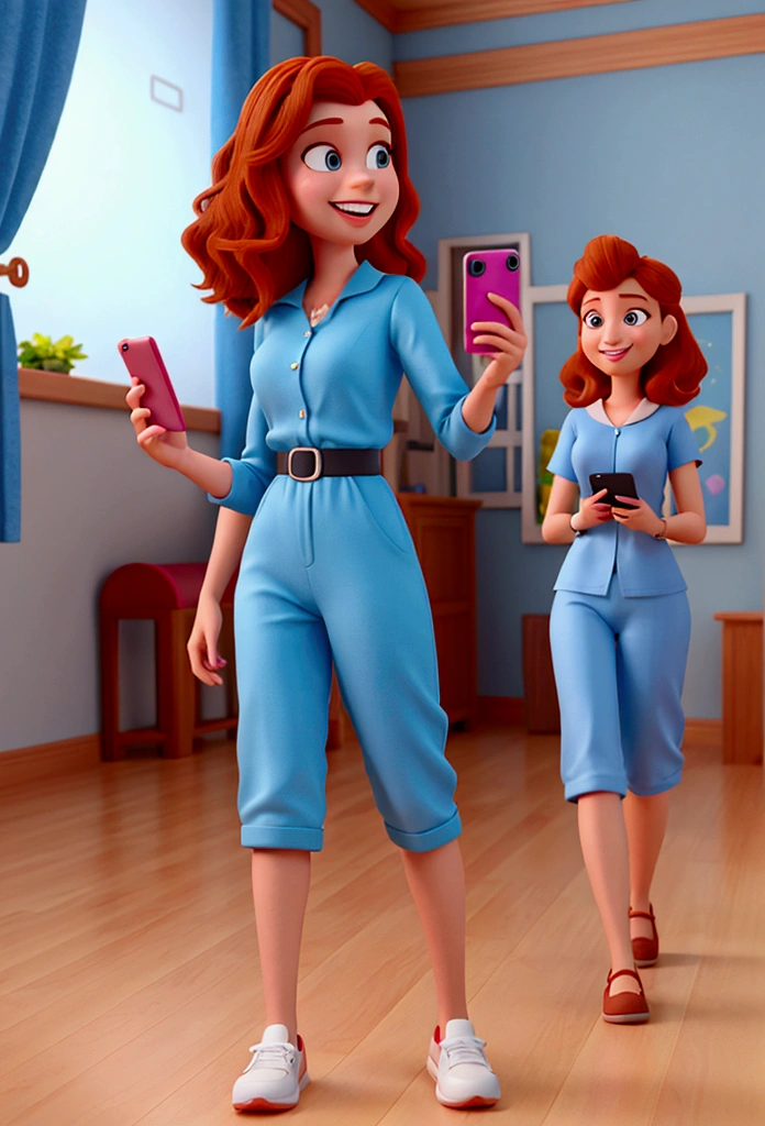 3D Disney Pixar Style, physiotherapy young woman smiling, russet hair, social clothes, with cell phone