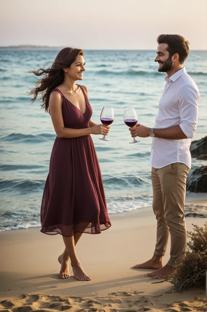 A man standing at the sea shores carrying a glass of wine looking at the woman who is beauty and smiling at him