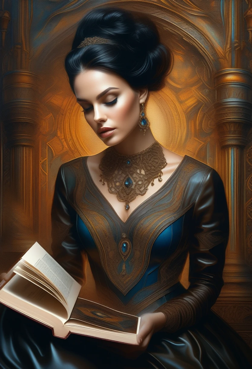 young female rouge of portraits, perfect balance of form and function, soft gaze eyes, black hair tied in messy bun, brown eyes, hold a book in 1 hand, ornate dagger on hip, simple leather clothing, fantasy of picture frame, RGB lighting dances across the sleek lines and intricate components, (((intricate detail matte paint of super illustration:1.3))), creating visual masterpiece will take breath away, fine detail brush stroke of pencil, Get ready to be amazed coloring, stunning fine details and delicate mesmerizing renderings, very own custom designed, tonal contrast, natural lighting, occultism cinematic still like, inside the temple of detail dark fantasy, correct and punctuality brush stroke, highly quality, accurate and polite crossover layer, oil paint coloring, gel ink coloring, grunge, gouache coloring,