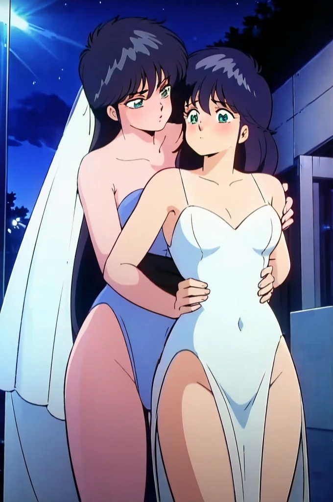 (Highest quality, High resolution, masterpiece:1.2,), figure, night, One girl, whole body, (Wedding dress), Put your arms behind your back, Wait for a kiss, View your viewers, Happy, blush,