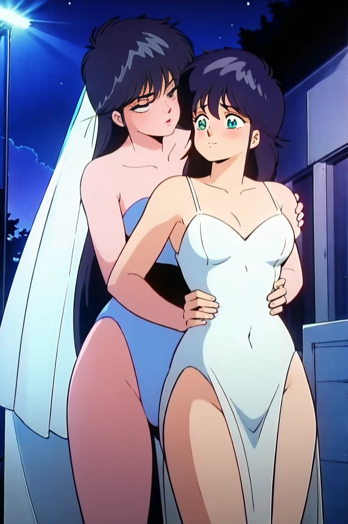 (Highest quality, High resolution, masterpiece:1.2,), figure, night, One girl, whole body, (Wedding dress), Put your arms behind your back, Wait for a kiss, View your viewers, Happy, blush,