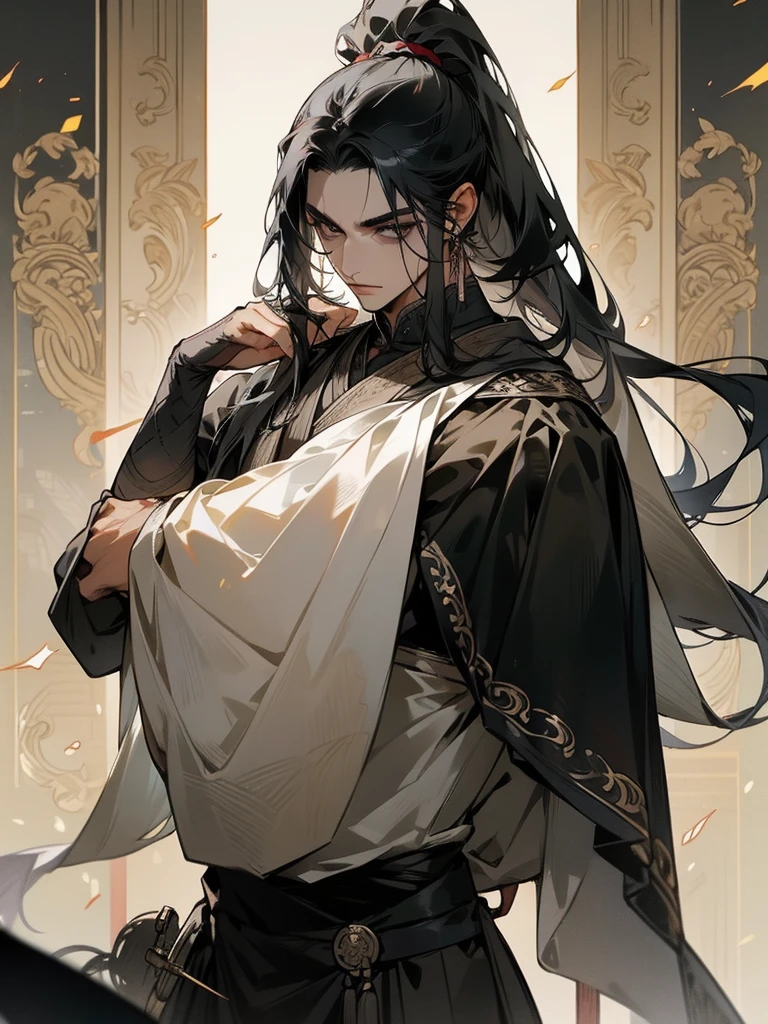 A man, long black hair tied into a ponytail, dark eyes, fair skin, thin body, ancient style clothing, black clothes, Veil, long sword, assassin