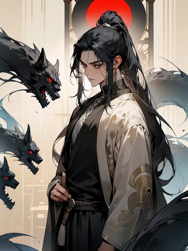 A man, long black hair tied into a ponytail, dark eyes, fair skin, thin body, ancient style clothing, black clothes, Veil, long sword, assassin