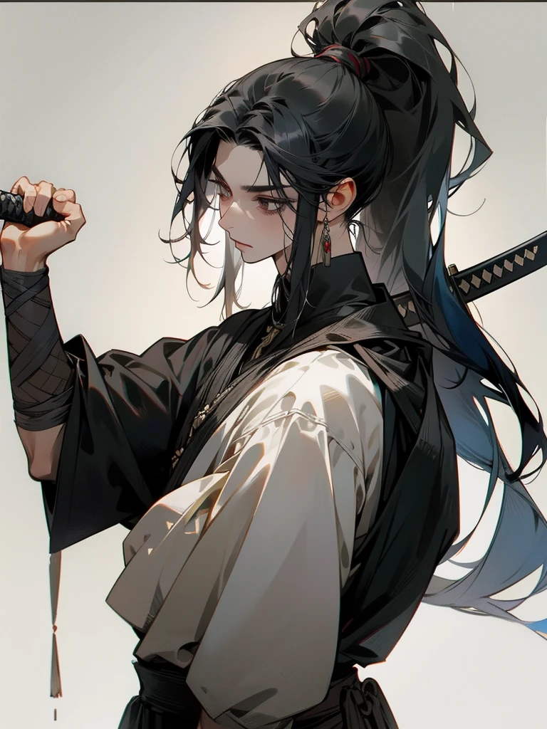 A man, long black hair tied into a ponytail, dark eyes, fair skin, thin body, ancient style clothing, black clothes, Veil, long sword, assassin