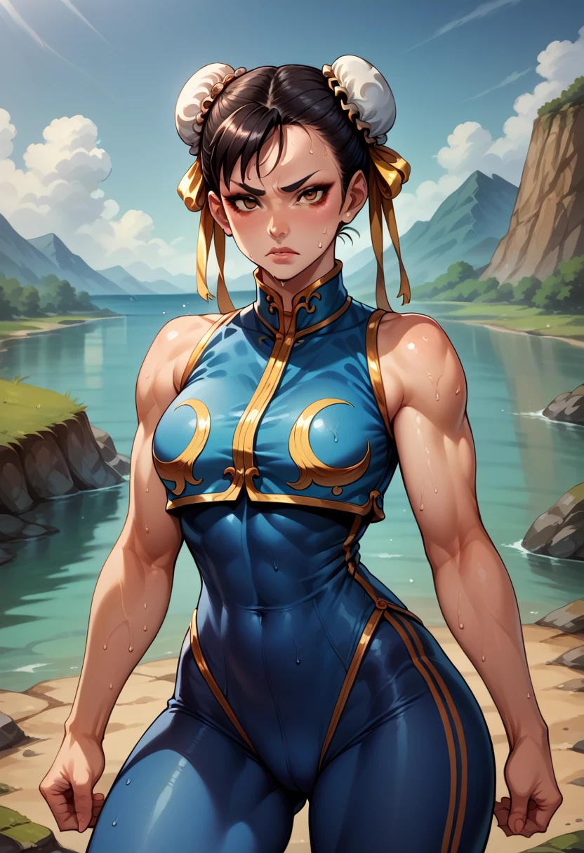 score_9, score_8_up, score_7_up, BREAK, score_9, 1girl, chun-li (\street fighter)\, yellow ribbon, sweat, wet, tired, black hair, brown eyes, makeup, eyelashes, short hair, breasts, looking at viewer, fist on hand, lips, alpha_costume, blue bodysuit, blue leotard, blue vest, sleeveless, cowboy shot, landscape,