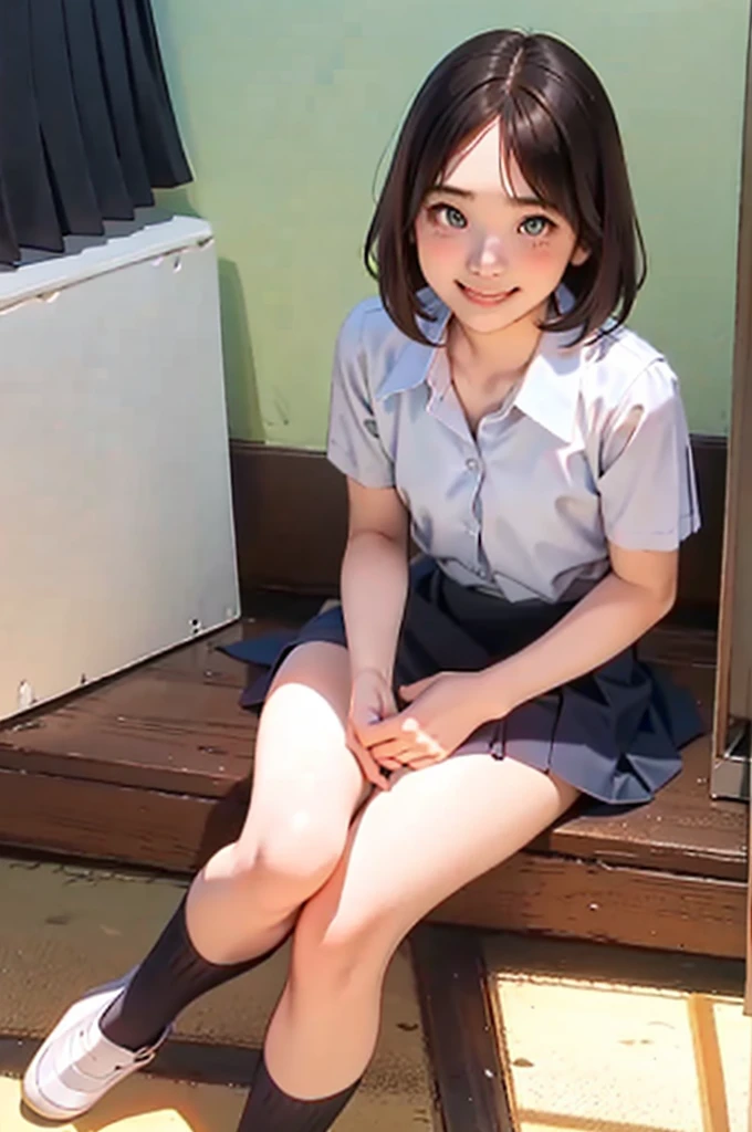 (Hires), (1girl), (18yo), (adult body), (adult body ratio), (cute school girl), (smiling gently), (sit spreading legs on the floor), (looking at the viewer), (wide breast gap), (flat tiny busts), (blushed face), (detailed skin), (bodyhair:0.5), (black eyeliners), (white underwear), mathayom uniform, white shirt short sleeves, black pleated long skirt