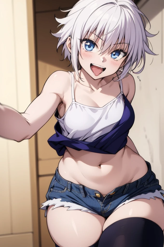 masterpiece, best quality, high quality, 1girl, solo, ,open mouth,tongue, looking at viewer, , killua_zoldyck, camisole,navel,denim shorts,medium breasts,cowboy shot,sliver hair,(trembling:1.3),smile,thighhighs