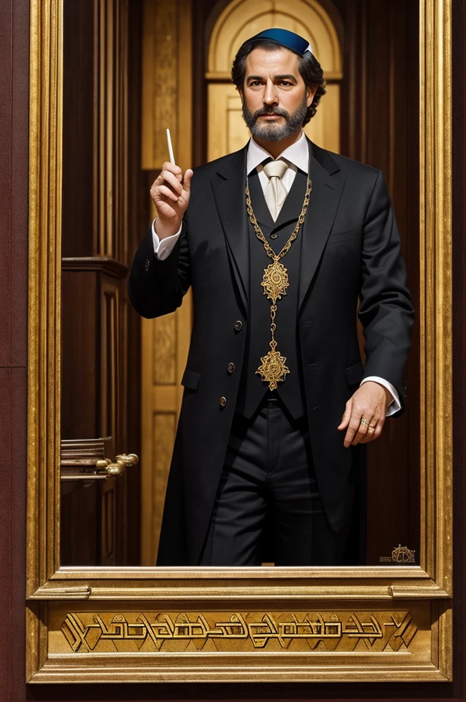 Imagine a picture with the central theme what manner of shall he be with a Jewish traditional setting