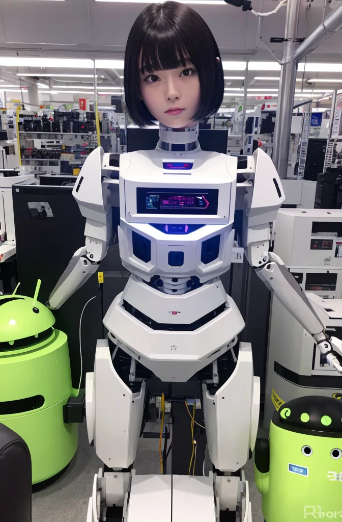 masterpiece, best quality, extremely detailed, Japaese android girl,Plump , control panels,android,Droid,Mechanical Hand, Robot arms and legs, Black hair,Blunt bangs,perfect robot girl,long tube,thick cable connected her neck,android,robot,humanoid,cyborg,japanese cyborg girl ,robot-assembly plant,She is assembling now,assembly scene