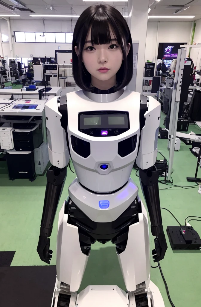 masterpiece, best quality, extremely detailed, Japaese android girl,Plump , control panels,android,Droid,Mechanical Hand, Robot arms and legs, Black hair,Blunt bangs,perfect robot girl,long tube,thick cable connected her neck,android,robot,humanoid,cyborg,japanese cyborg girl ,robot-assembly plant,She is assembling now,assembly scene