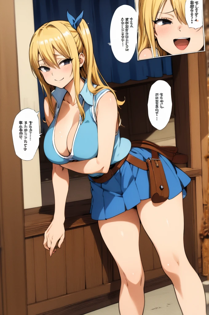 masterpiece, best quality, highres, lucy heartfilia, blonde hair, long hair, large breasts, white shirt, sleeveless, belt, blue skirt, cowboy shot, standing, leaning forward,