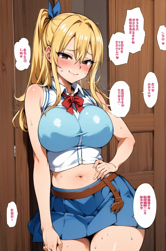 masterpiece, best quality, highres, lucy heartfilia, blonde hair, long hair, large breasts, white shirt, sleeveless, belt, blue skirt, cowboy shot, navel,sweating,blush,