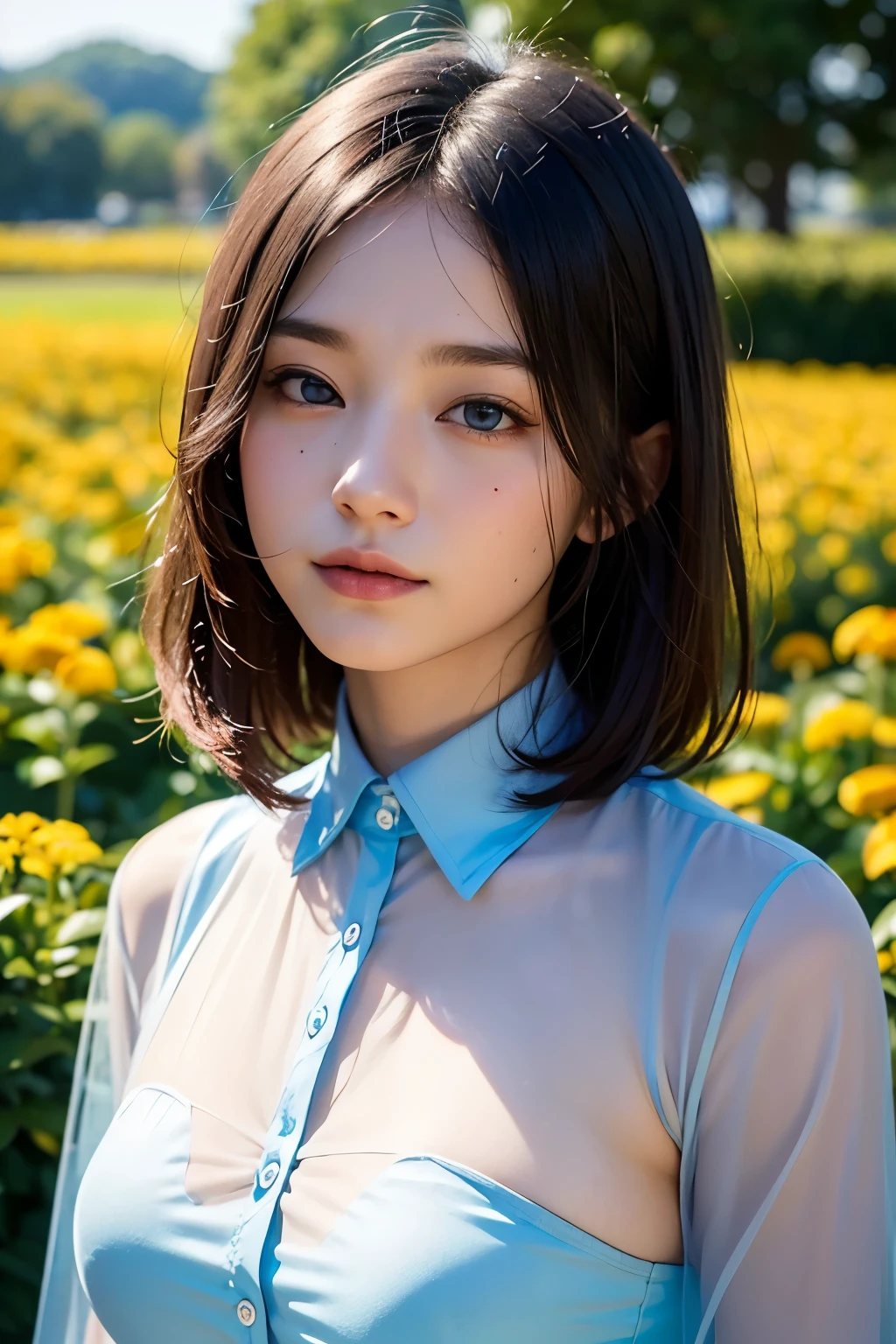 ((Highest quality)), ((masterpiece)), (detailed), (Japanese),, Black Hair,(Childish face), (Bob Hair), Girl, big Breasts, ((topless)), ((Blue eyes)),half-smile ,Sunlight, (extreme_close_up) , riverbank, flower garden,(See-through shirt),(Sheer shirt),