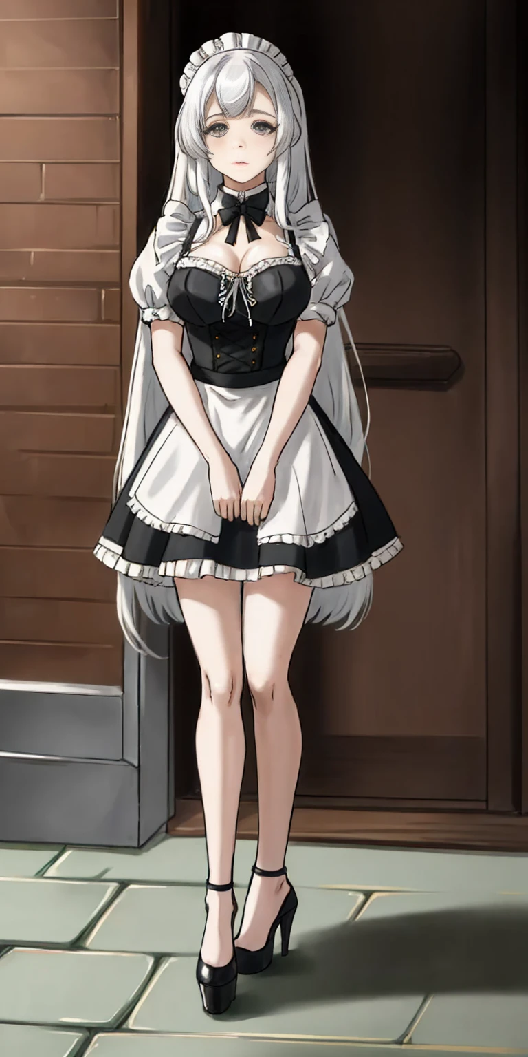 female, standing, right, long_hair, disordered_hair, white_hair, maid in armor, metallic high heels