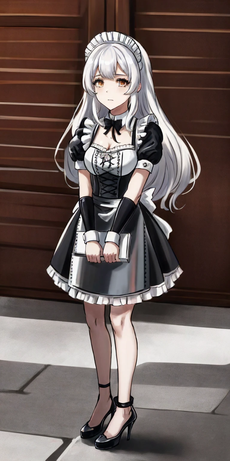 female, standing, right, long_hair, disordered_hair, white_hair, maid in armor, metallic high heels, drow elf