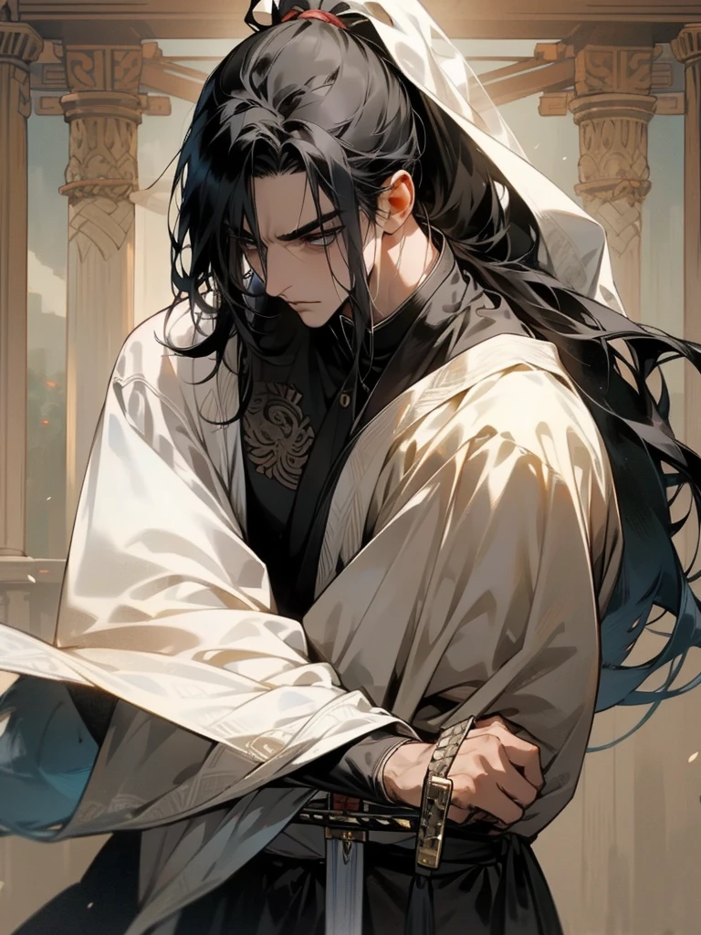 A man, long black hair tied into a ponytail, dark eyes, fair skin, thin body, ancient style clothing, black clothes, Veil, long sword, assassin