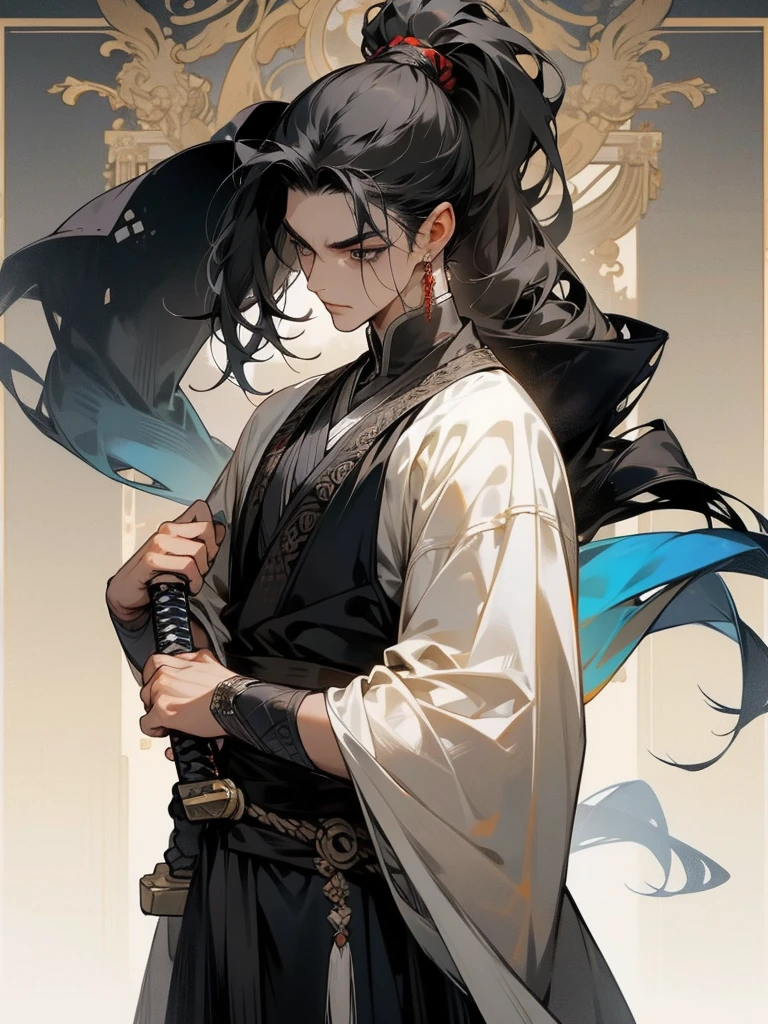 A man, long black hair tied into a ponytail, dark eyes, fair skin, thin body, ancient style clothing, black clothes, Veil, long sword, assassin