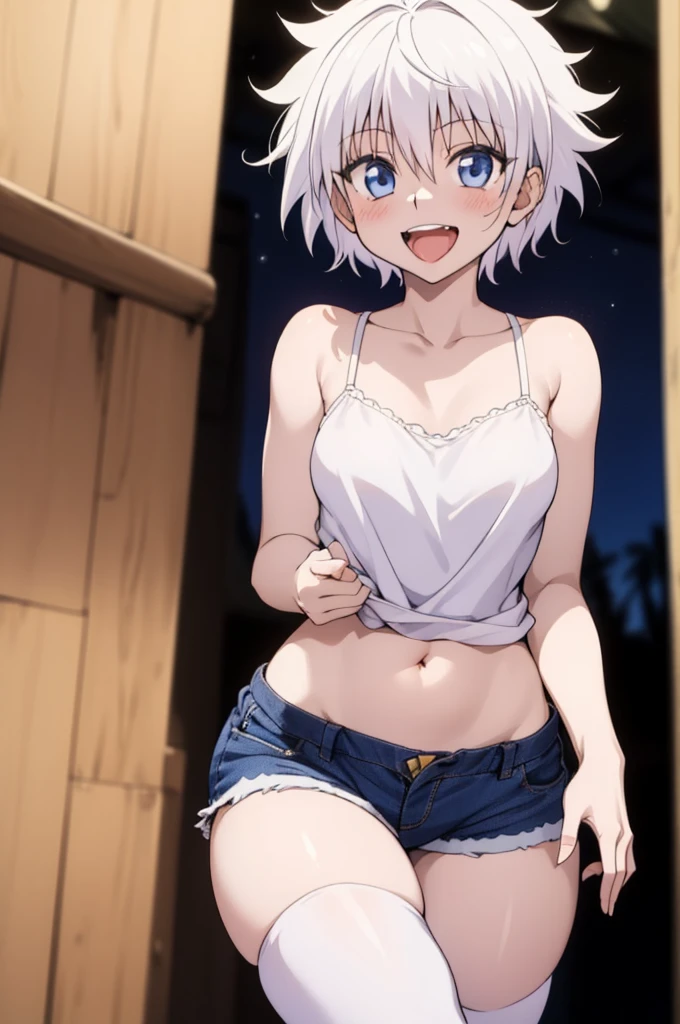 ((topless)), anime girl with short white hair and yellow eyes posing in a hallway, restaurant door, night, sidewalk, lamp post, outdoors, seductive anime girl, perfect white haired girl, attractive anime girl, beautiful anime girl, cute anime girl, girl with white hair, smooth anime cg art, pretty anime girl, anime style 4 k, anime best girl, anime girl, 4k anime wallpaper, denim shorts, medium breasts, masterpiece, necklace, smiling, navel, hands up, short hair, nipples, stomach, smartphone, erect nipples, people in background