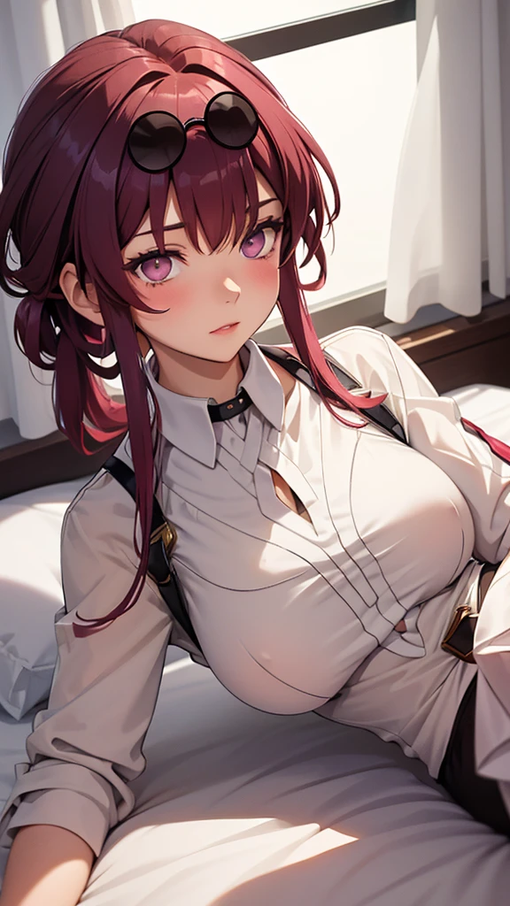 A woman kafka (dark red hairs , low ponytail) bangs , round sunglasses on head , white shirt , laying on bed (on stomach)  ,lying on bed big breasts, wet clothes , blush