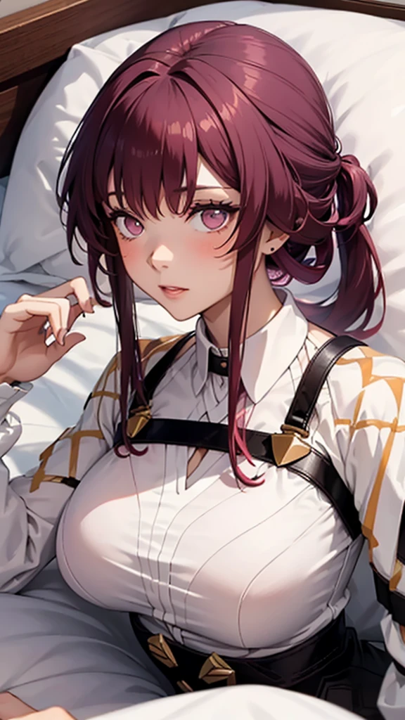 A woman kafka (dark red hairs , low ponytail) bangs , round sunglasses on head , white shirt , laying on bed (on stomach)  ,lying on bed big breasts, wet clothes , blush