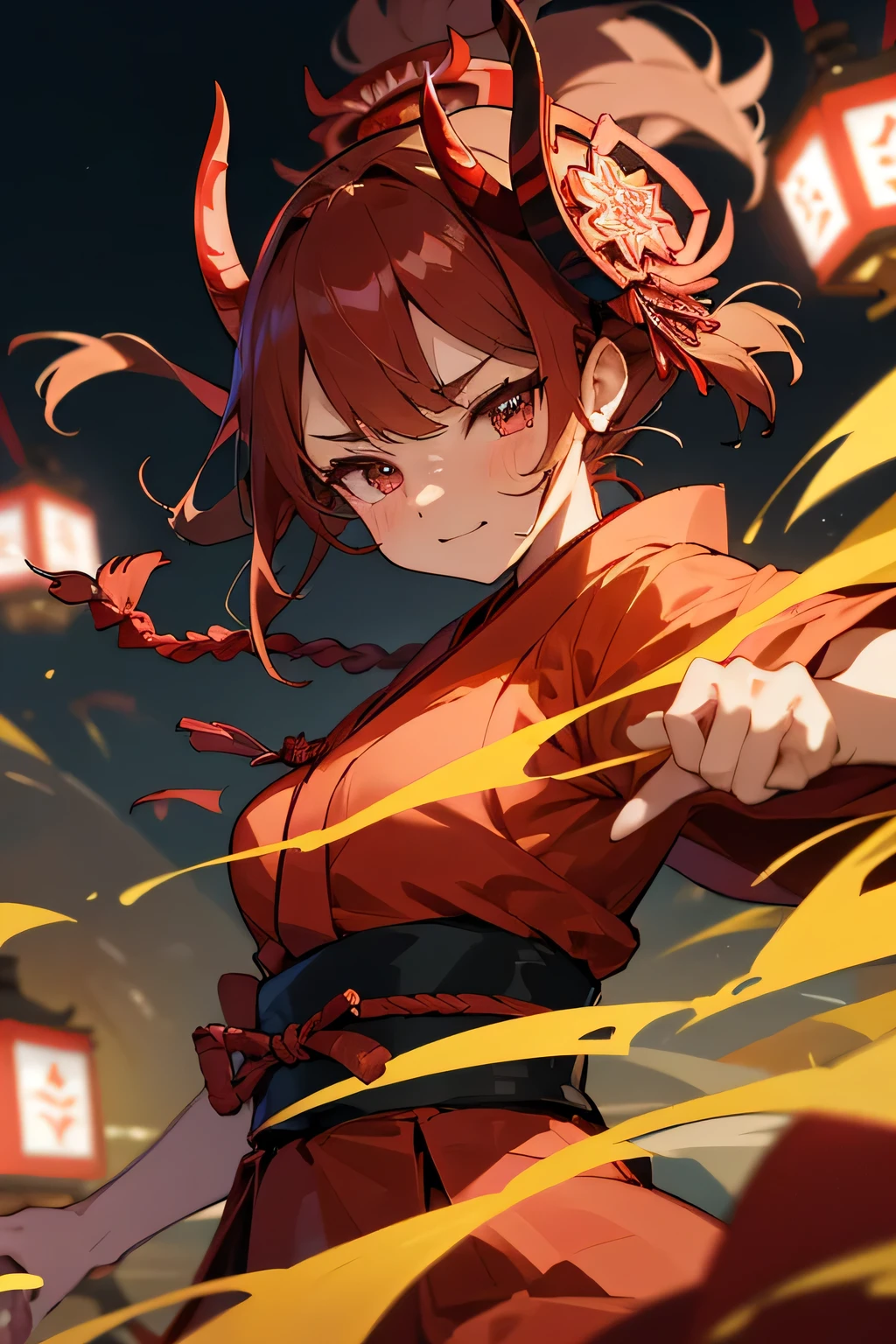 Highest quality、High resolution、Detailed Background、(Beautiful face in every detail:1.4)、Anatomically correct、Normal number of fingers、Detailed facial expressions、(Detailed eyes:1.2)、Teenage beauty、(Huge breasts:1.2)、Light color hair、Braided Ponytail、Braided bob cut、Bun Hair、cute gesture、night、Nebuta Festival、smile、
(Beautiful girl in yukata enjoying the Nebuta Festival:1.5)、
Nebuta Festivalのnight、Streets lit by lanterns、people々Wearing yukata or happi coat、Bustling with excitement、The sounds of drums and flutes echoed throughout the place.、The Nebuta festival music envelops the entire town、A giant Nebuta float slowly advances、Nebuta are huge floats made from Japanese paper and bamboo.、
Brave warriors and beautiful goddesses、Depicts mythical creatures、Lanterns are hung on top of the Nebuta and candles are lit inside.、It moves forward while emitting a fantastic light.、
Dancers called Haneto parade around the Nebuta、Haneto dance with powerful leaps to the accompaniment of Nebuta music.、people々In tune with the calls of the dancers,「Russell、Russell」exclaimed、people々Filled with excitement and dynamism、An unforgettable festival、
Cool colors such as blue and green、Yukata with Nebuta motifs、Bright colors such as red and yellow、
Belts with gold or silver threads、The obijime (sash fastener) is colored to match the obi color.、Matching the atmosphere of Nebuta Festival、Hairpins and flower decorations、Small items such as fans and drawstring bags、cute