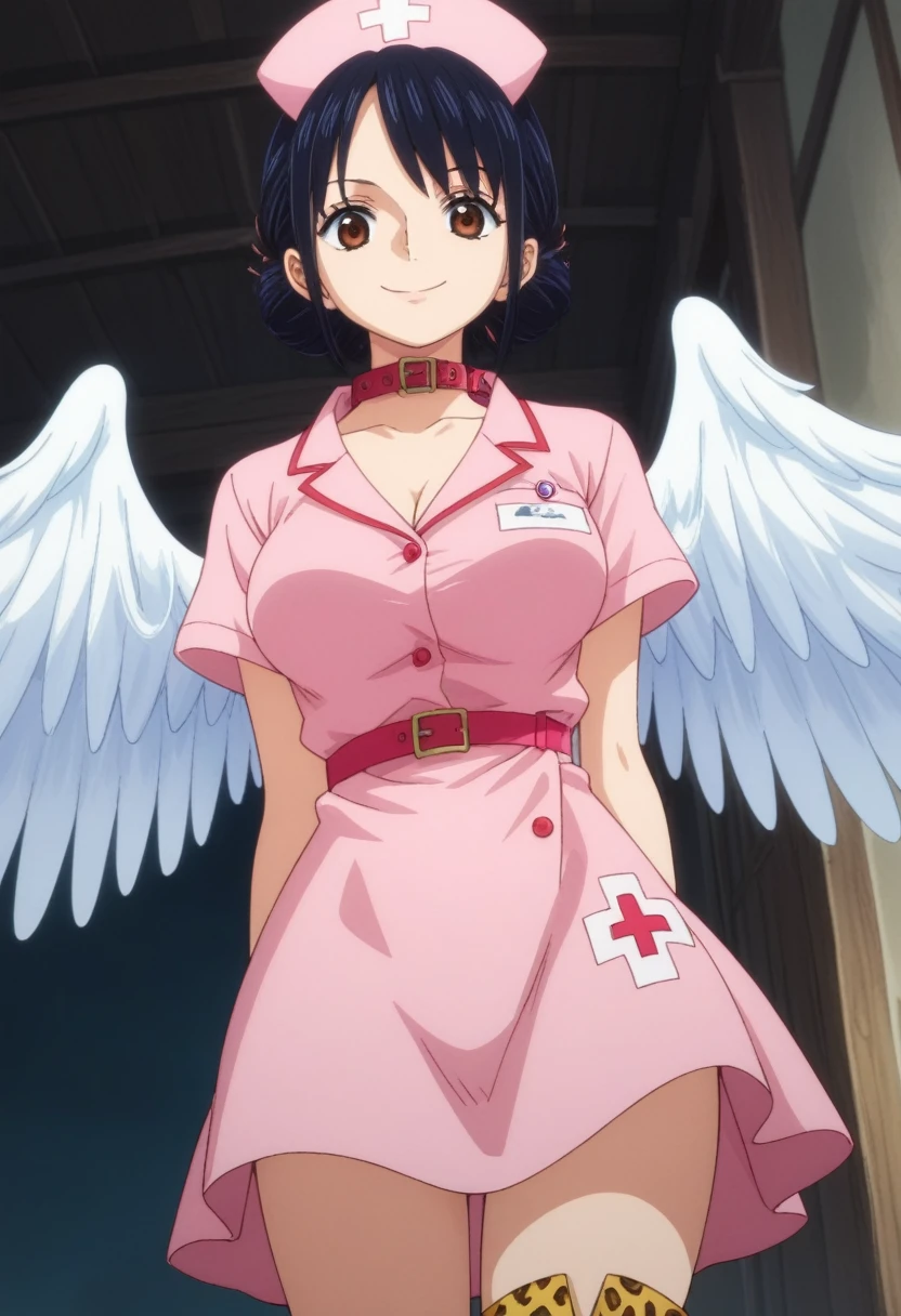 score_9, score_8_up, score_7_up, best quality, masterpiece, source_anime, anime screencap, one_piece_wano_style, clear face, 1girl, solo, black hair, middle short hair, White diadem on her head, brown eyes, large breasts,White wings on her back, nurse pink dress With the collar open , one-piece dress, outdoor, smile, looking at viewer, Leopard Print Thigh High Boots