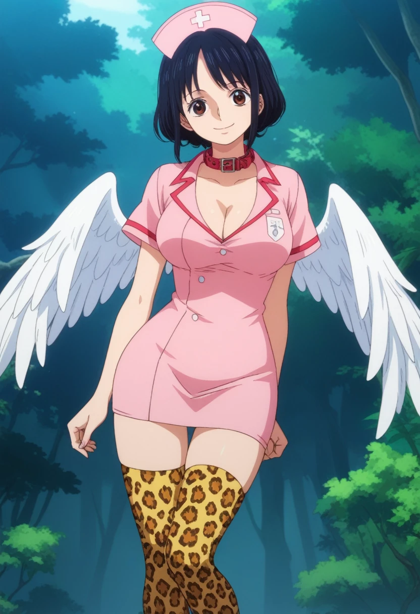 score_9, score_8_up, score_7_up, best quality, masterpiece, source_anime, anime screencap, one_piece_wano_style, clear face, 1girl, solo, black hair, middle short hair, White diadem on her head, brown eyes, large breasts,White wings on her back, nurse pink dress With the collar open , one-piece dress, outdoor, smile, looking at viewer, Leopard Print Thigh High Boots